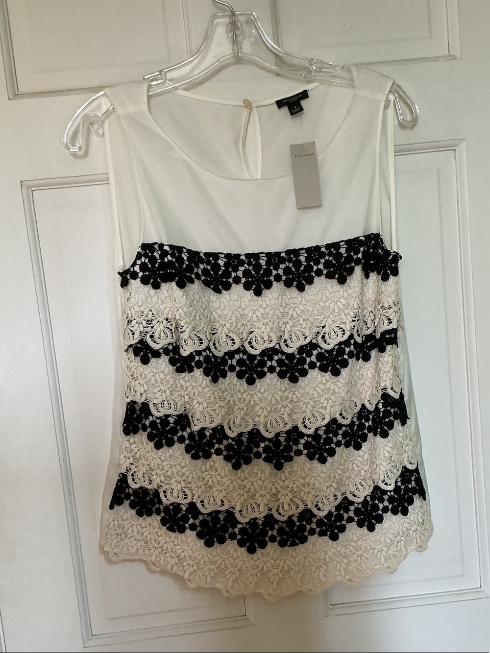 Ann Taylor White Camisole with Black Lace Stripes